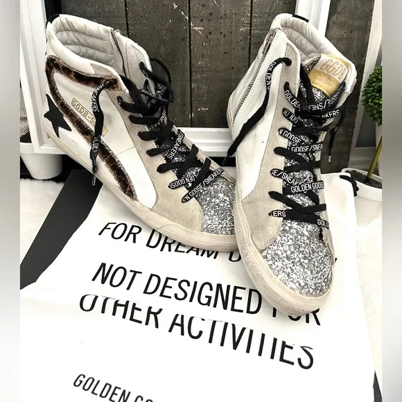 GOLDEN GOOSE Slide Leather Leopard Glitter Toes Mid/High Top Zipper Sz 42 US 12